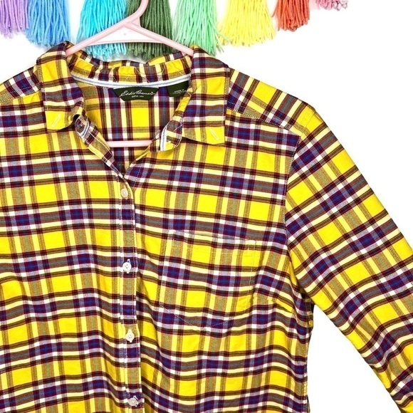 Y2K Eddie Bauer Rustic Plaid Yellow Purple Plaid Flannel Button Shirt Medium - Picture 5 of 13